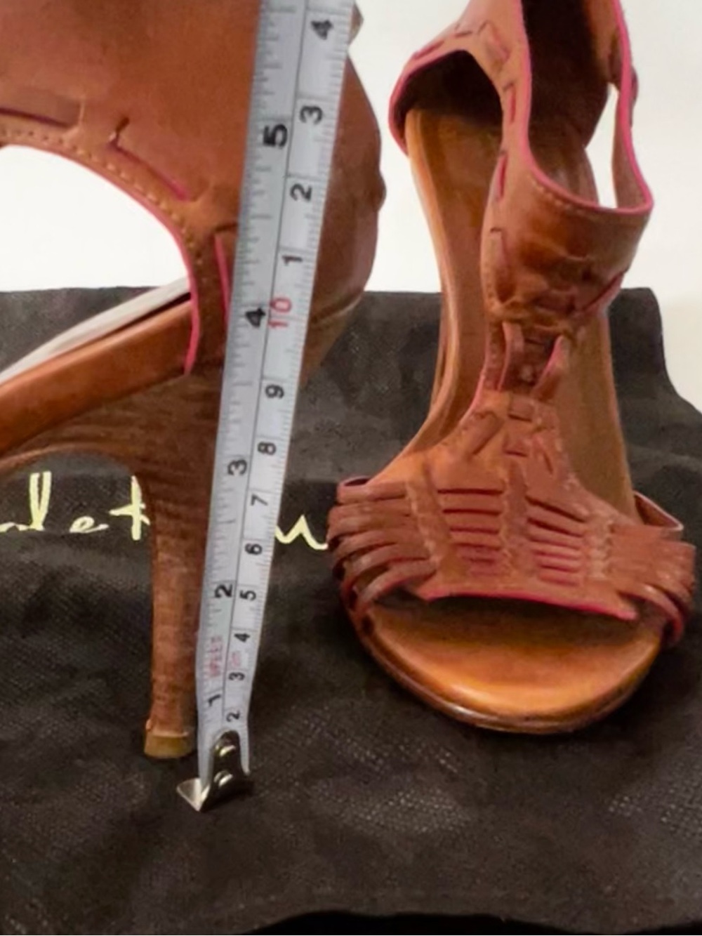 Cole Haan Brown Leather Huarache Heels Sandals Pink Trim Open Toe Heels Size 6.5 - Picture 8 of 9